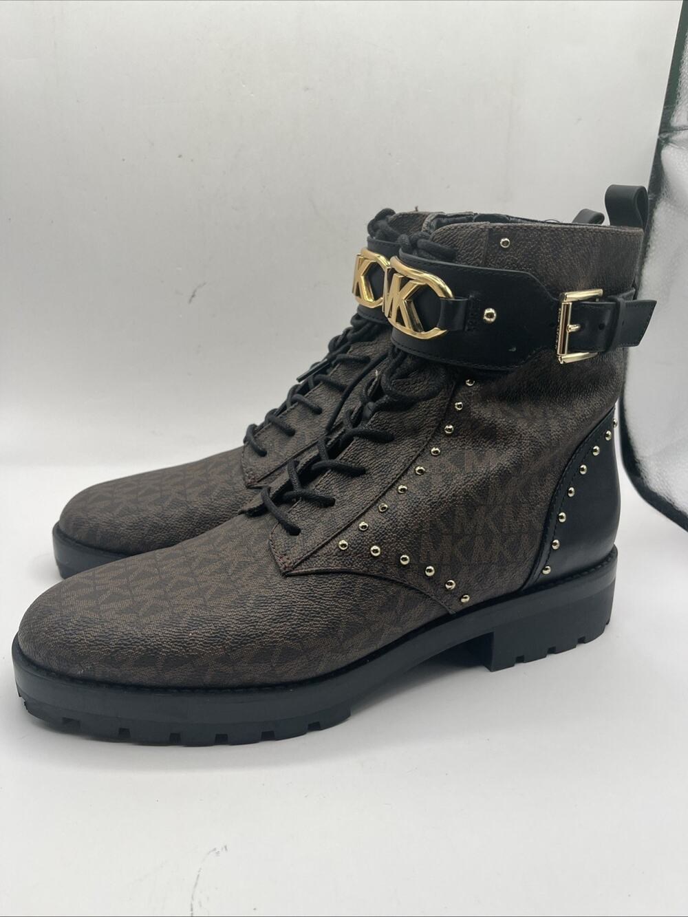 Michael Kors Alistair Combat Moto Boot Womens Size 10.5 Lace Up Logo Brown Black